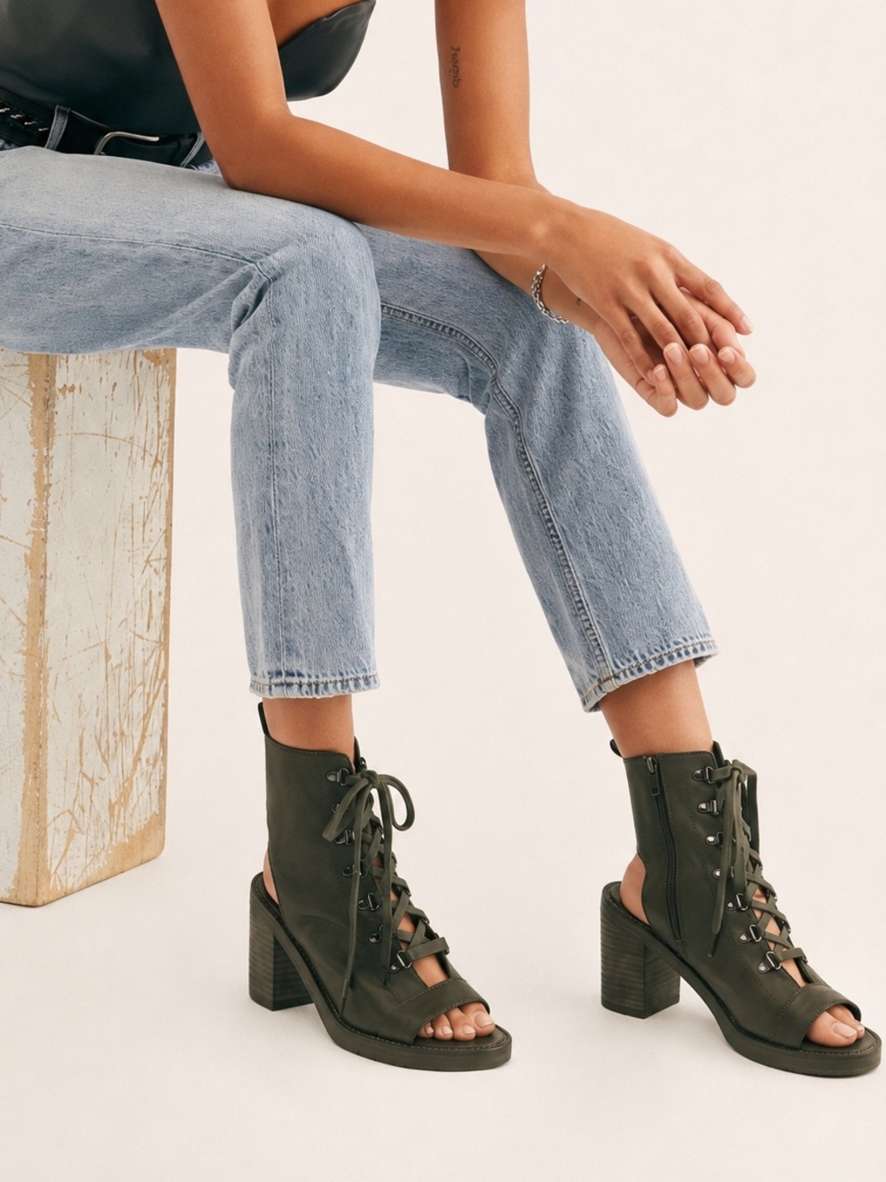 Free People City of Lights Lace Up Open Toe Combat Military Boot